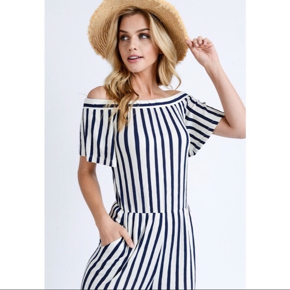 Navy & White Striped Off Shoulder Jumpsuit S M L - Picture 2 of 8